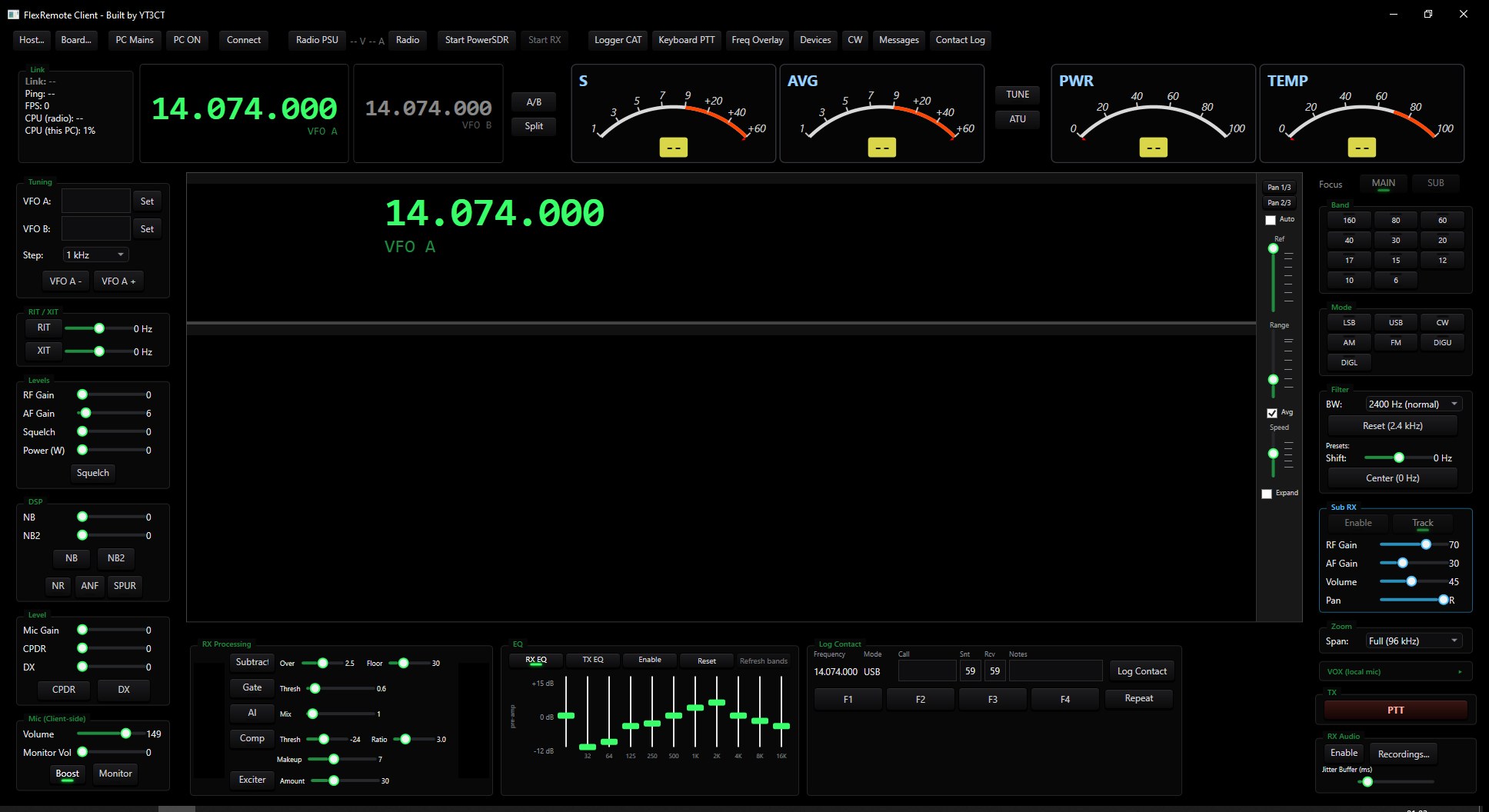 The FlexRemote client window: VFO A and B, S, AVG, PWR and TEMP meters, a panadapter and waterfall, and band, mode, filter and DSP controls