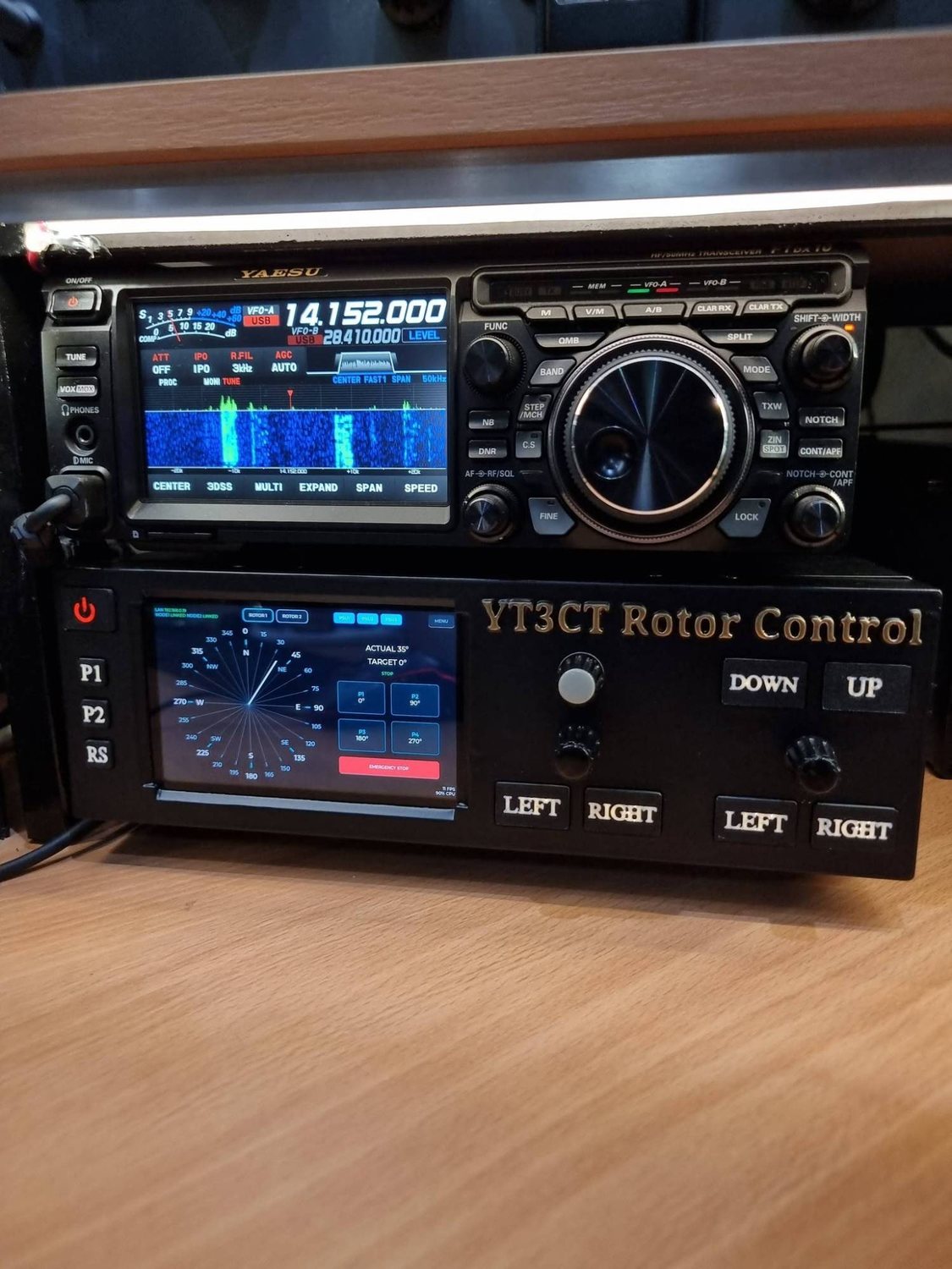 The YT3CT Rotor Control front panel under a Yaesu FTdx10, with a touchscreen compass dial, preset buttons and jog controls