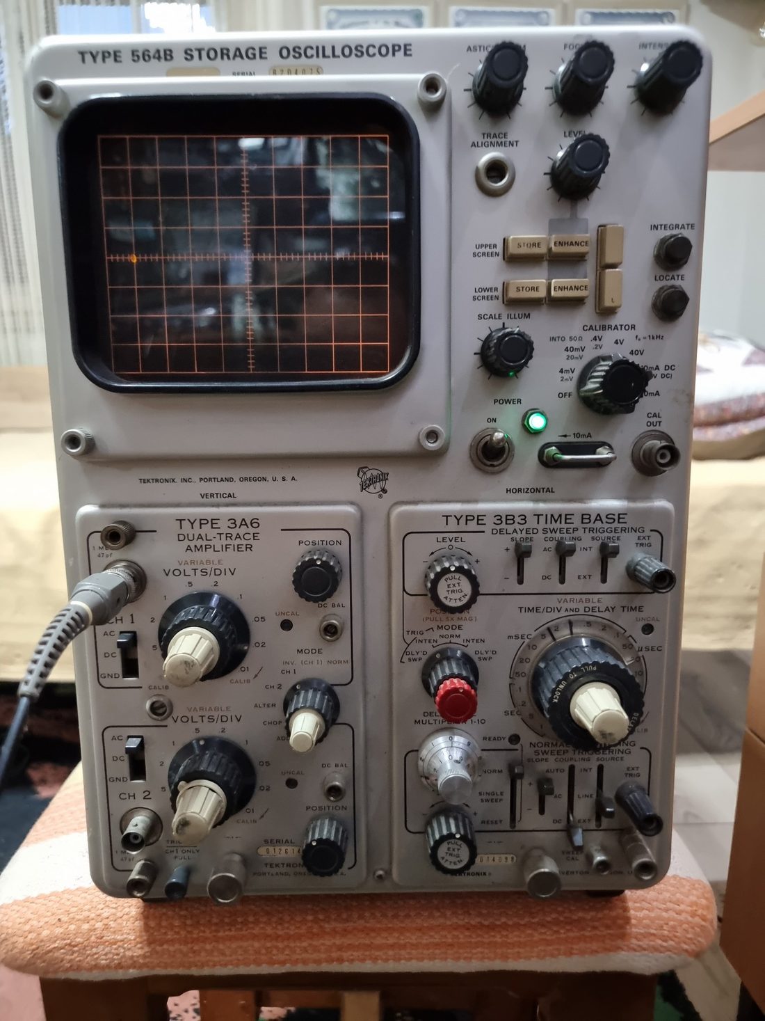 The Tektronix 564B storage oscilloscope with a Type 3A6 dual-trace amplifier and a Type 3B3 time base plugged in